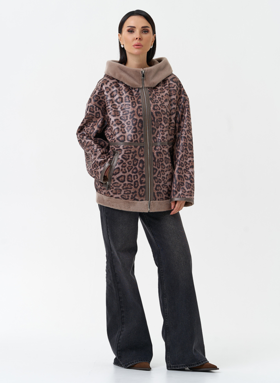 Женская дубленка из эко замши с капюшоном