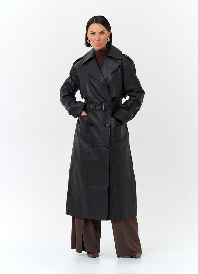 Женский плащ из натуральной кожи с поясом модель № 32901 меха малина