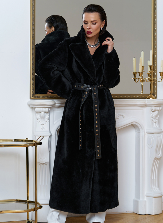 Женская натуральная дубленка с двойным поясом