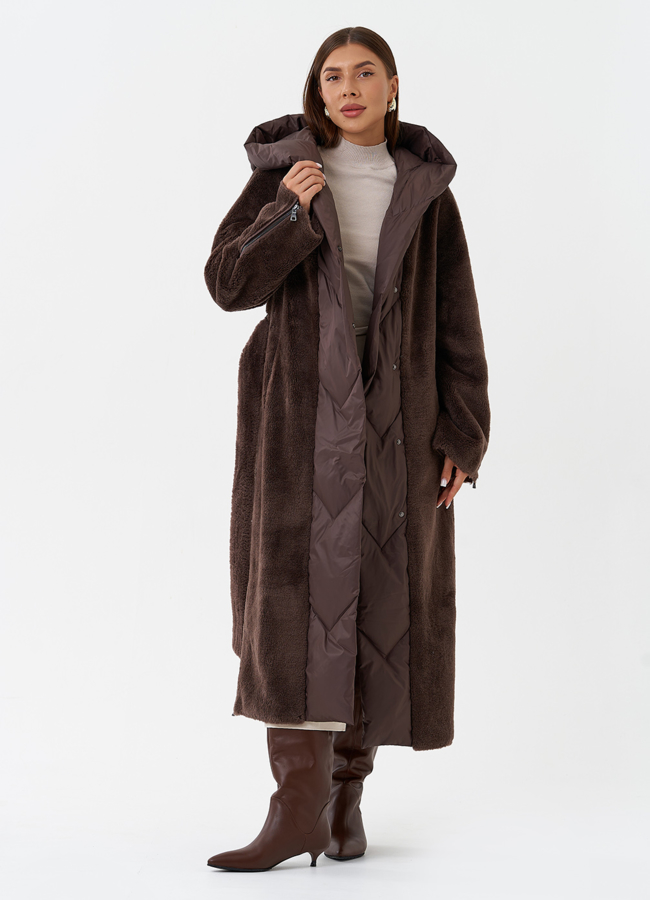 Комбинированное пальто на утеплении с капюшоном модель № 28538 универмаг малина