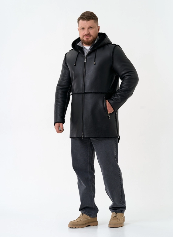 Мужская натуральная дубленка с капюшоном