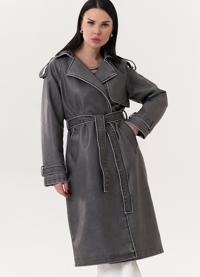 Плащ из эко кожи с поясом модель № 26726 в кредит
