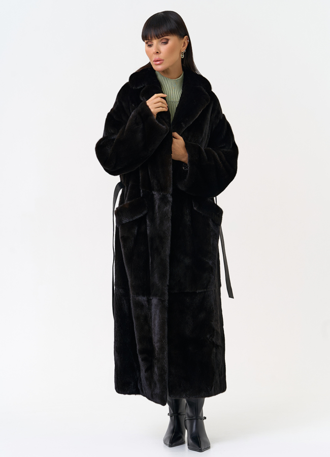 Длинная шуба из меха норки blackglama с поясом модель № 31636 универмаг малина