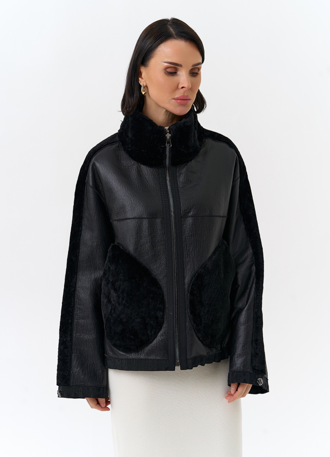 Короткая двухсторонняя дубленка в черном цвете модель № 32082 универмаг малина