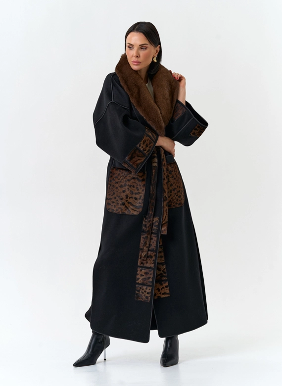 Женское длинное пальто с воротником из меха норки фото