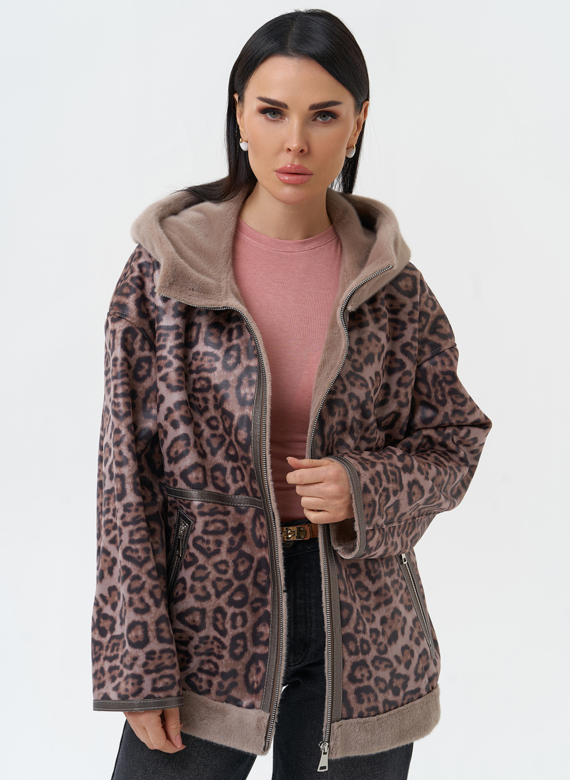 Женская дубленка из эко замши с капюшоном