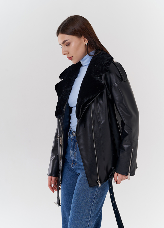 Куртка-косуха из эко кожи на утеплителе с натуральным мутоном модель № 24213 универмаг малина