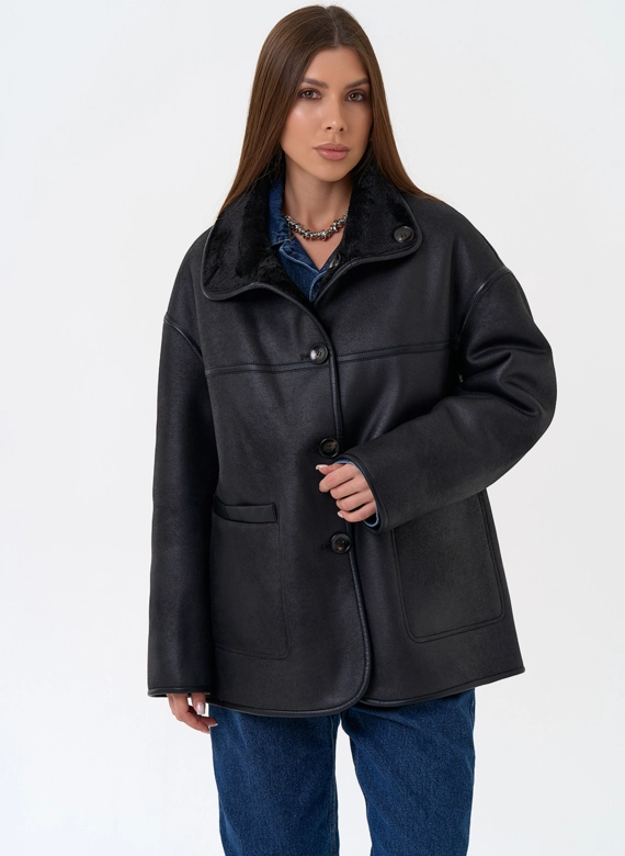 Женская двухсторонняя дубленка из эко замши в черном цвете