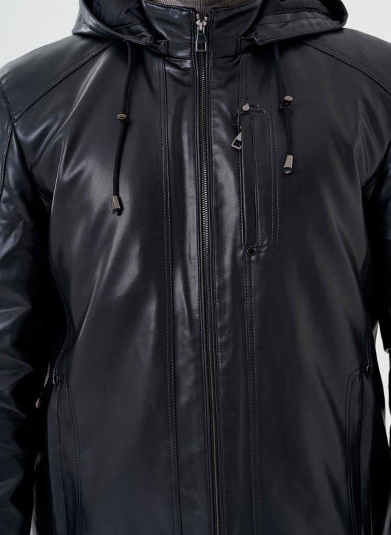 Мужская куртка из эко кожи с капюшоном 