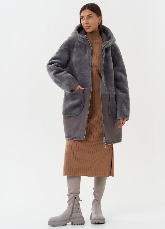 Двухсторонняя эко дубленка с капюшоном модель № 27764 универмаг малина