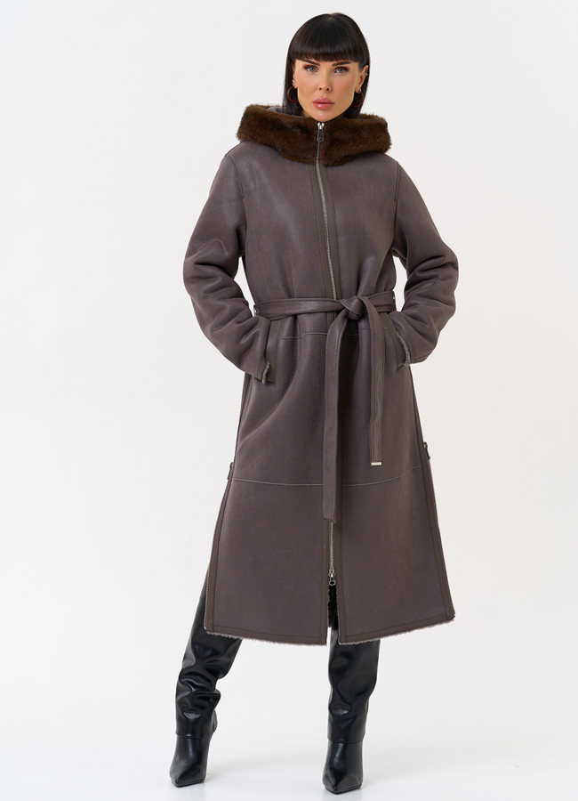 фото Женская дубленка из эко замши с поясом модель № 31515