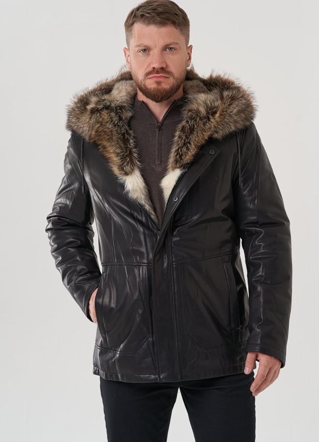 Мужская куртка с капюшоном на мехе из волка модель № 25614 универмаг малина