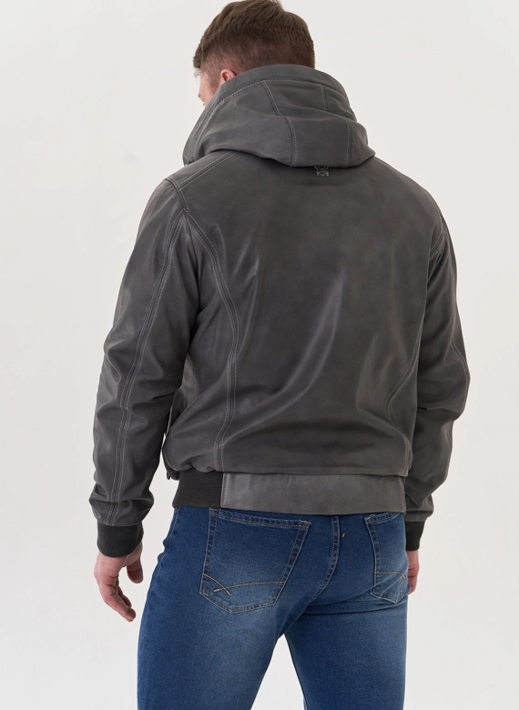 Мужская кожаная куртка "бомбер" с капюшоном