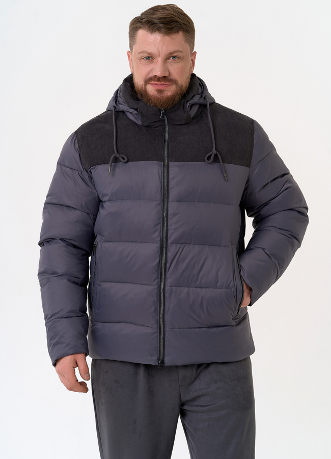 Мужской пуховик с отделкой из вельвета модель № 31470 меха малина