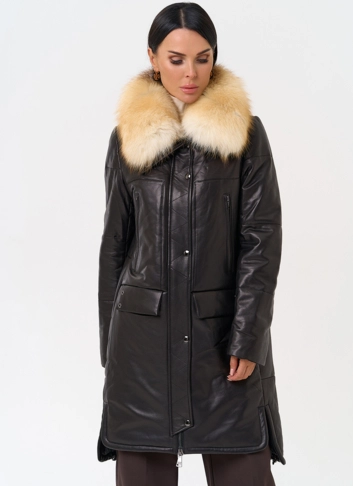 Кожаный пуховик с воротником из лисы фото