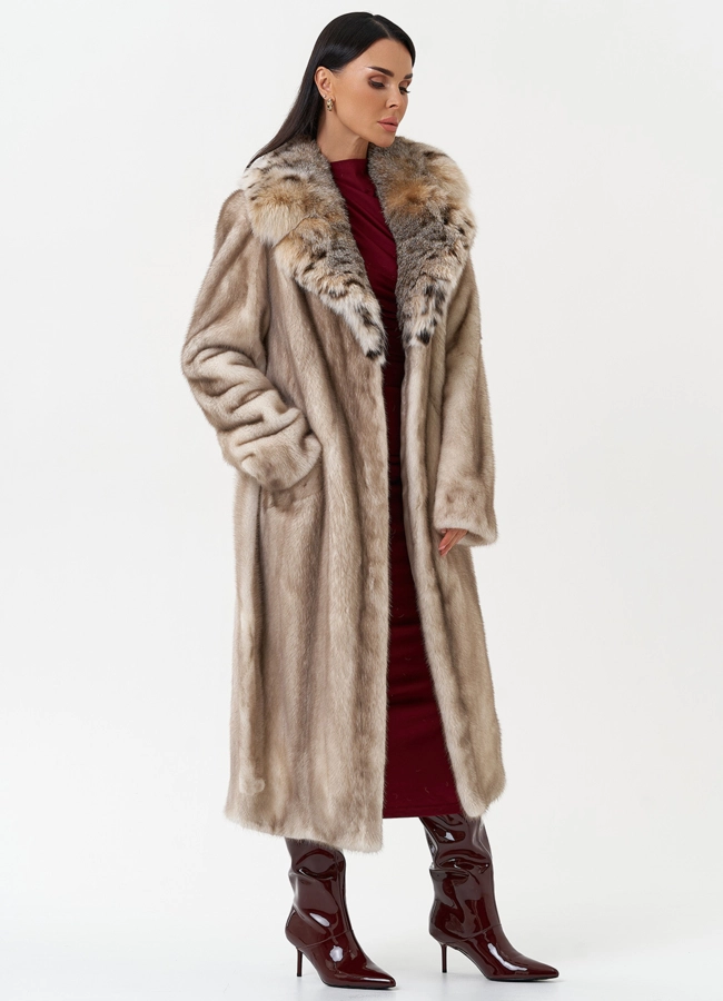 Женская шуба из меха норки с воротником из меха рыси модель № 33669 универмаг малина