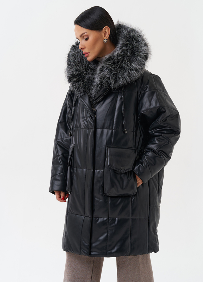 Пуховик из эко кожи с капюшоном из эко меха  модель № 27708 универмаг малина