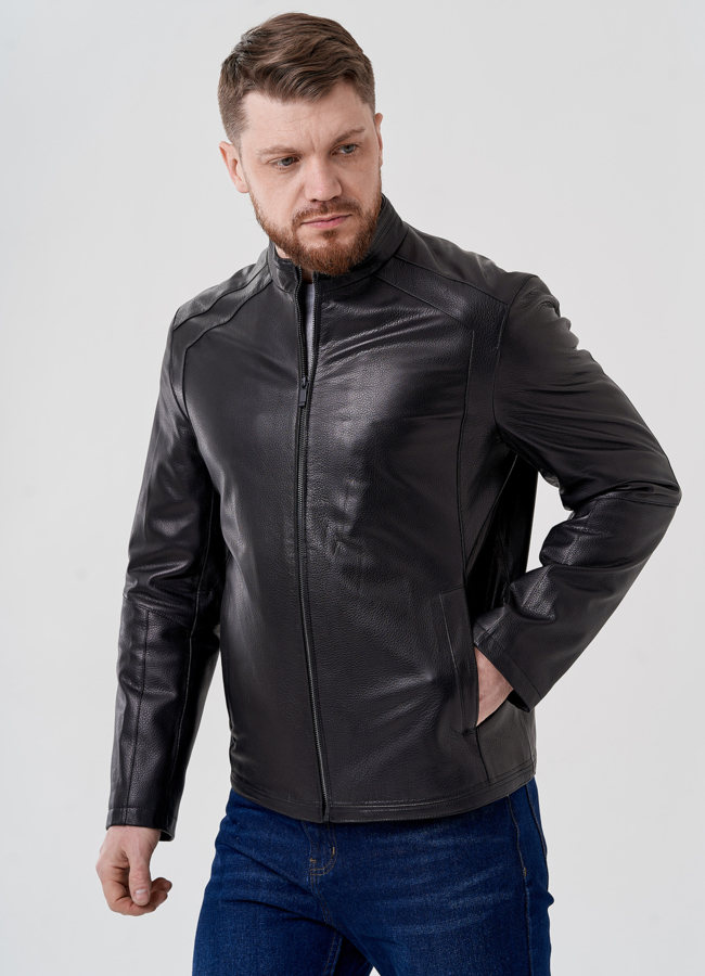 Мужская кожаная куртка черного цвета  модель № 24437 универмаг малина