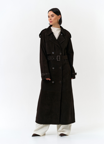 Женский длинный плащ из натуральной замши