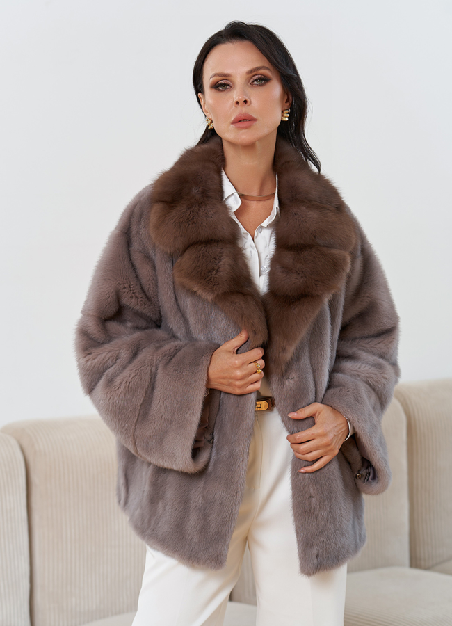 Куртка из меха норки с английским воротником из меха куницы модель № 30681 в кредит