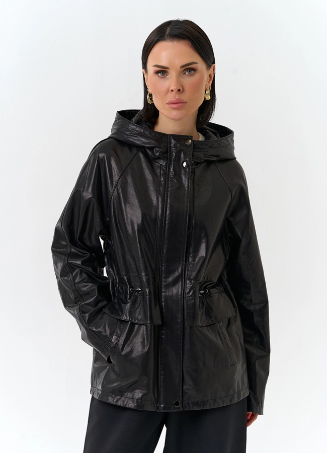 Женская куртка из натуральной кожи  с капюшоном модель № 32528 универмаг малина