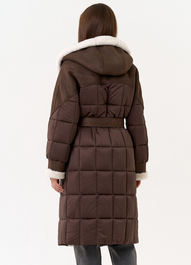 Комбинированный пуховик из эко кожи модель № 31692 универмаг малина