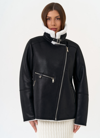 Женская дубленка из эко замши черного цвета