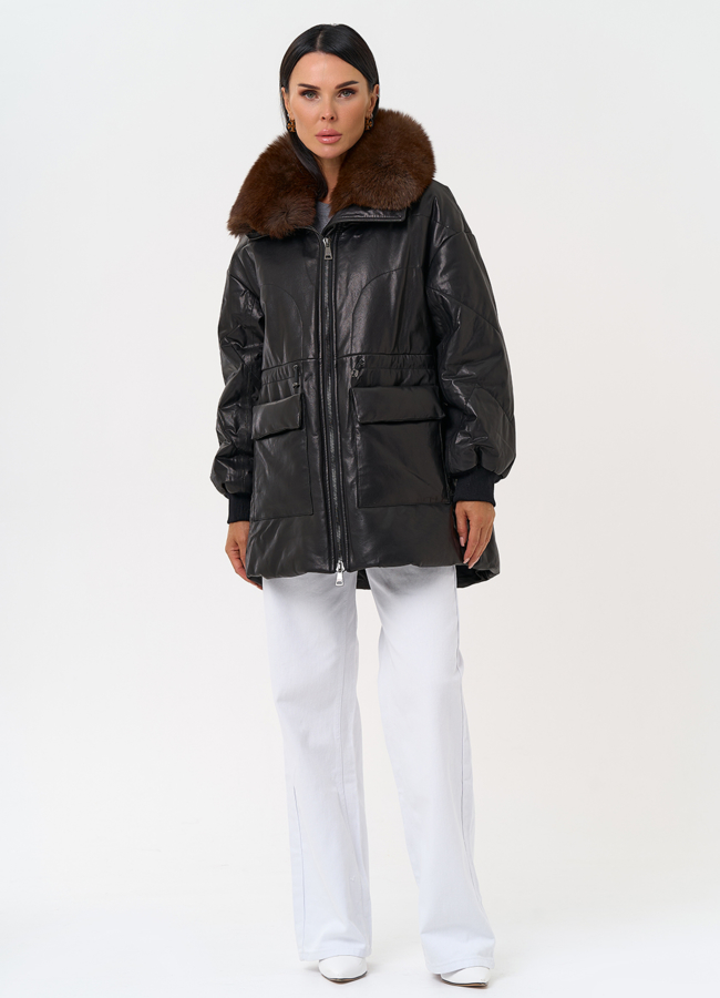 Полупальто из натуральной кожи с мехом песца модель № 21796 универмаг малина