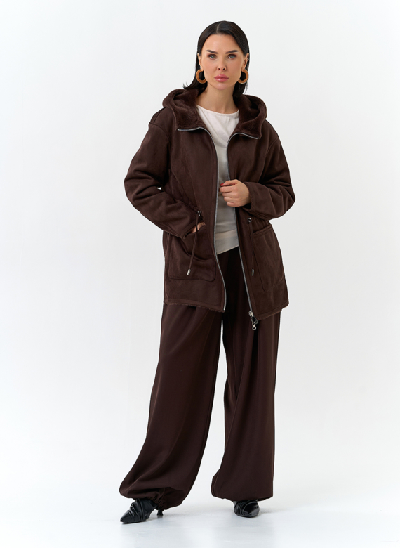 Двухсторонняя дубленка из эко замши с капюшоном