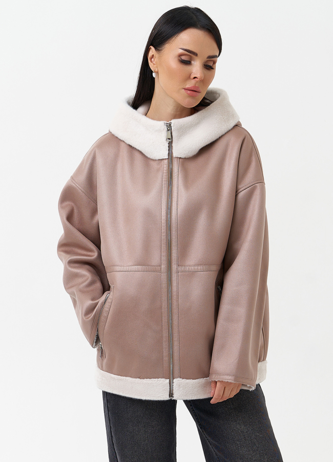 Женская дубленка из эко замши с капюшоном модель № 30209 универмаг малина