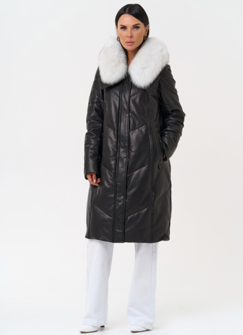 Длинный пуховик из натуральной кожи