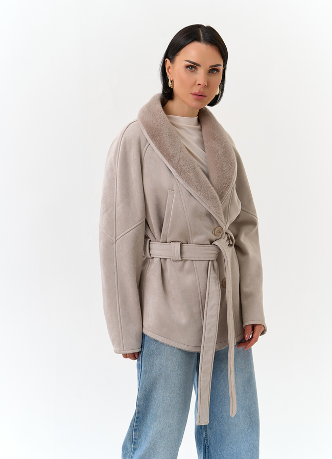 Женская дубленка из эко замши с поясом модель № 32793 универмаг малина