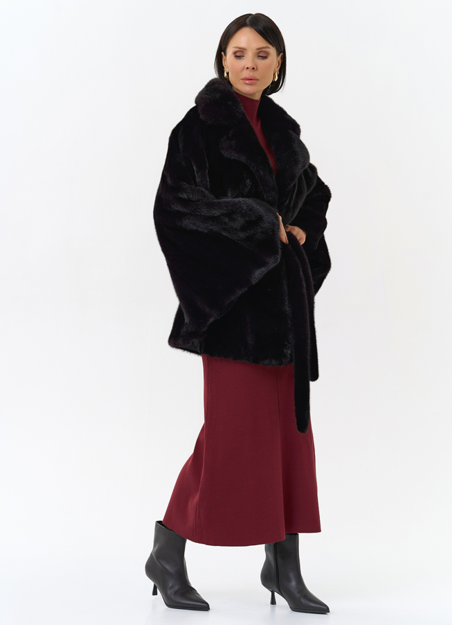 Шуба из меха норки с английским воротником в цвете баклажан модель № 31829 универмаг малина