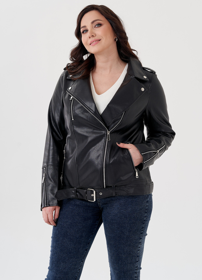 Удлиненная куртка косуха в черном цвете с ремнем модель № 695 меха малина