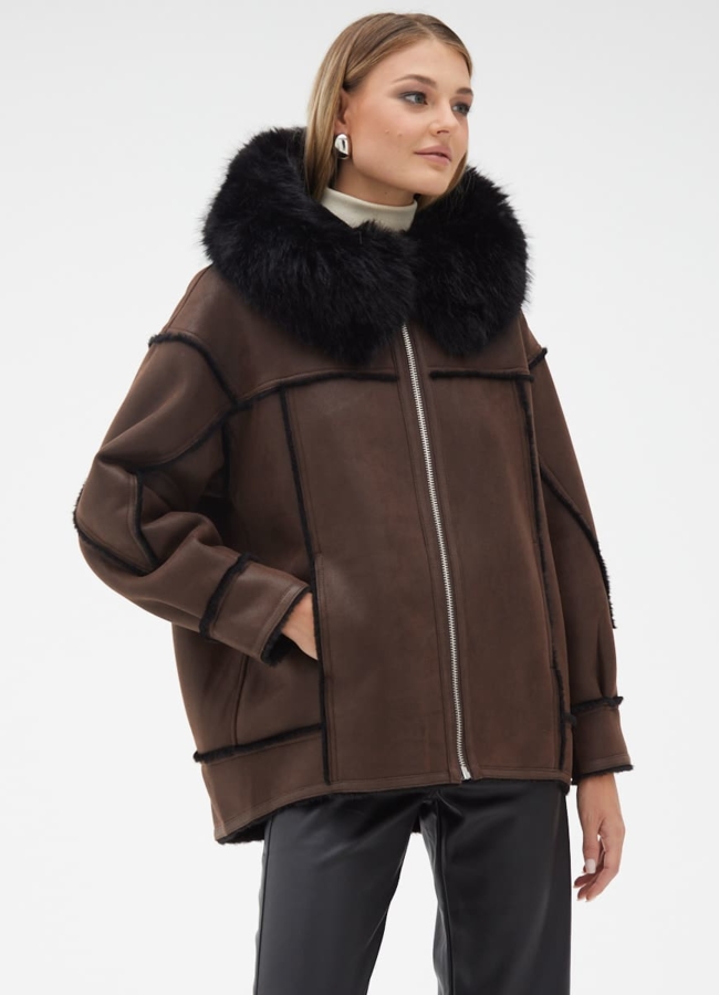 Женская дубленка из эко кожи с капюшоном модель № 32021 универмаг малина